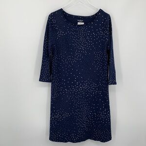 Isaac Mizrahi navy blue cotton shift dress white dot knit new Medium